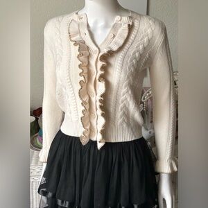 Crewcuts Junior Kids all Cashmere Cable Knit Ruffle Cardigan Cream & Gold Sz. 10